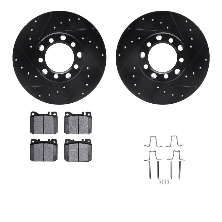 8512-63170 Drilled/Slotted Brake Rotors w/5000 Advanced Brake Pads Kit & Hardware [Black], 1980-1985 Mercedes-Benz, Position: Fr