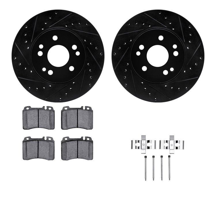 8512-63209 Drilled/Slotted Brake Rotors w/5000 Advanced Brake Pads Kit & Hardware [Black], 1990-1995 Mercedes-Benz, Position: Fr