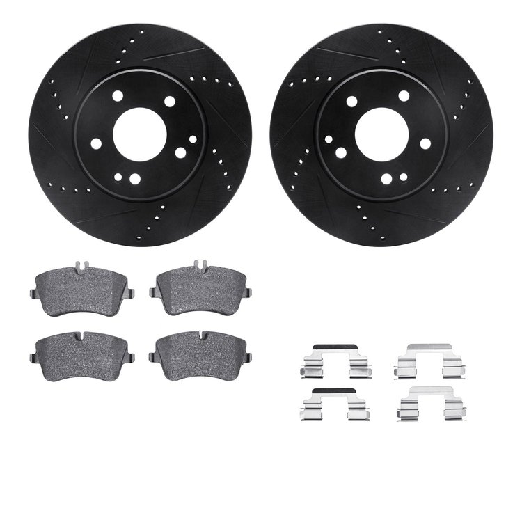 8512-63296 Drilled/Slotted Brake Rotors w/5000 Advanced Brake Pads Kit & Hardware [Black], 2001-2005 Mercedes-Benz, Position: Fr
