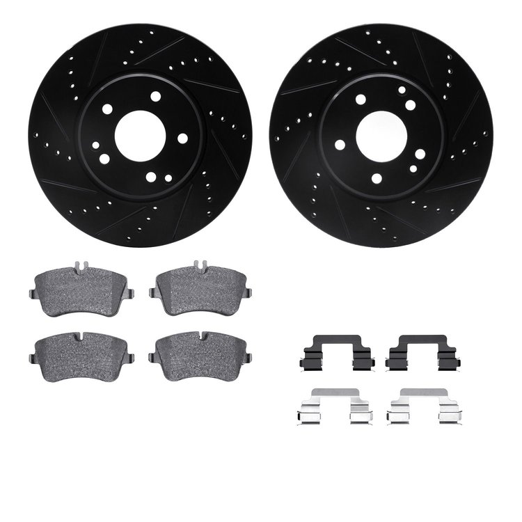 8512-63302 Drilled/Slotted Brake Rotors w/5000 Advanced Brake Pads Kit & Hardware [Black], 2001-2011 Mercedes-Benz, Position: Fr