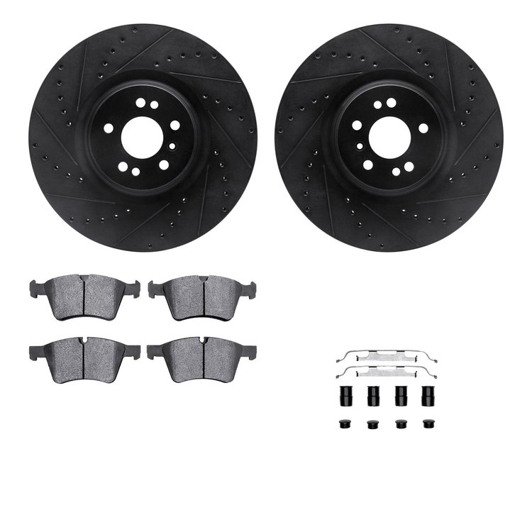 8512-63505 Drilled/Slotted Brake Rotors w/5000 Advanced Brake Pads Kit & Hardware [Black], 2007-2009 Mercedes-Benz, Position: Fr