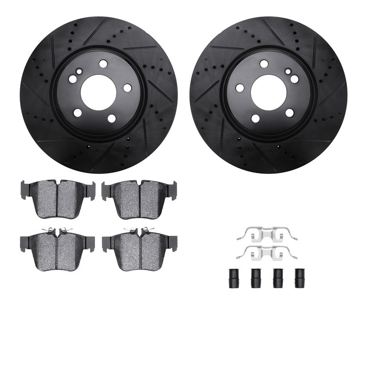 8512-63546 Drilled/Slotted Brake Rotors w/5000 Advanced Brake Pads Kit & Hardware [Black], Fits Select Mercedes-Benz, Position: 