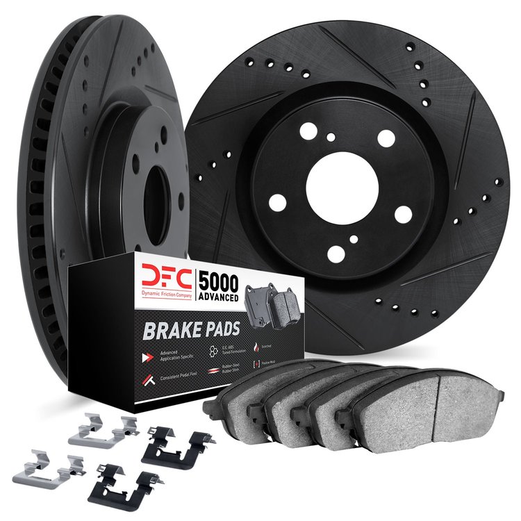 8512-63594 Drilled/Slotted Brake Rotors w/5000 Advanced Brake Pads Kit & Hardware [Black], Fits Select Mercedes-Benz, Position: 