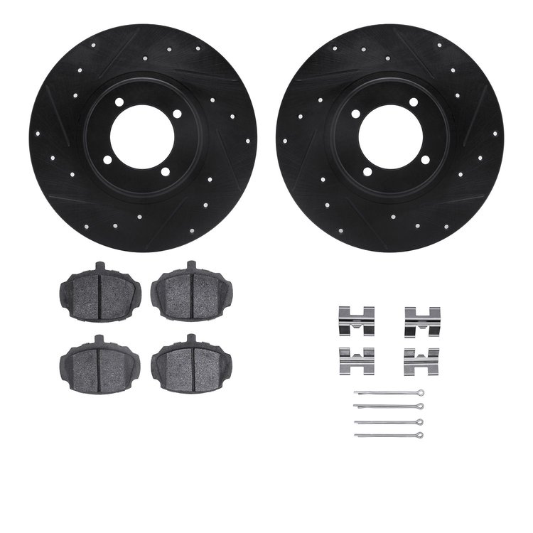 8512-64001 Drilled/Slotted Brake Rotors w/5000 Advanced Brake Pads Kit & Hardware [Black], 1962-1980 MG, Position: Front