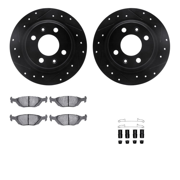 8512-65005 Drilled/Slotted Brake Rotors w/5000 Advanced Brake Pads Kit & Hardware [Black], 1986-1998 GM, Position: Rear