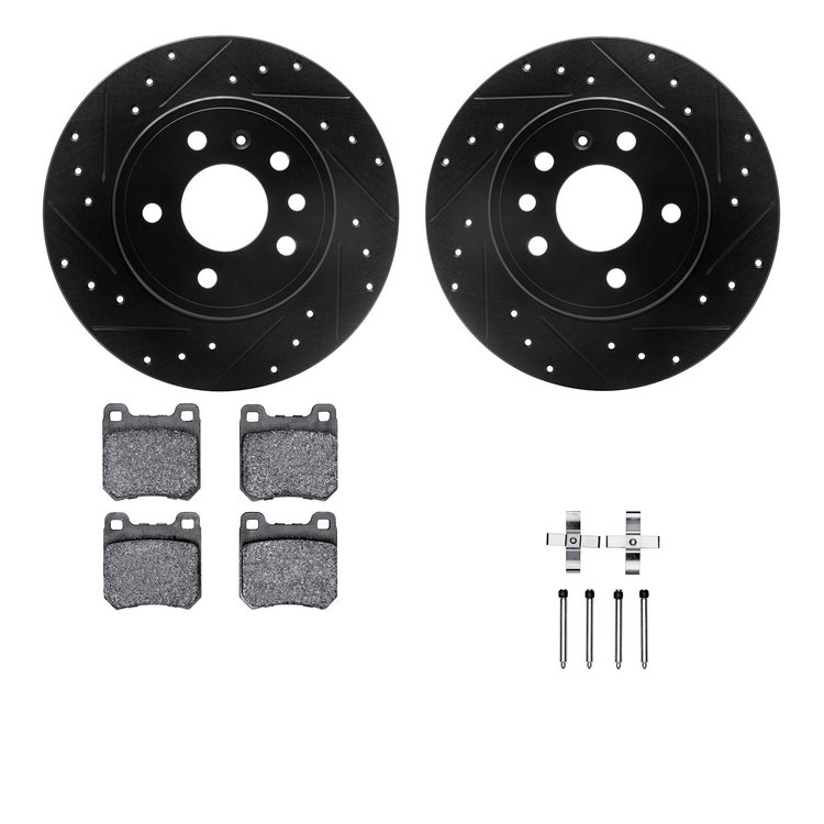 8512-65007 Drilled/Slotted Brake Rotors w/5000 Advanced Brake Pads Kit & Hardware [Black], 1997-2008 GM, Position: Rear
