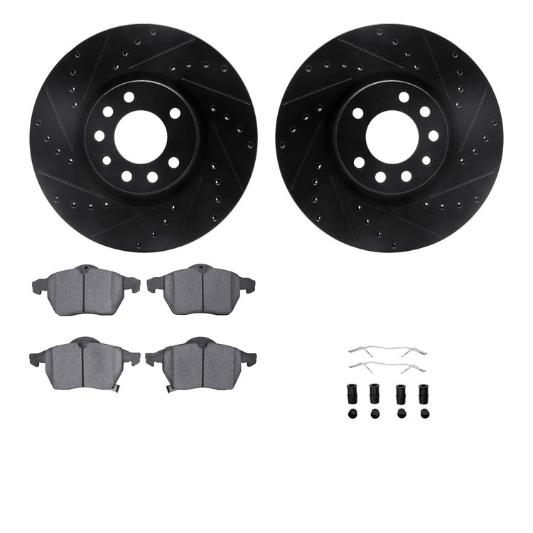 8512-65009 Drilled/Slotted Brake Rotors w/5000 Advanced Brake Pads Kit & Hardware [Black], 2006-2006 GM, Position: Front