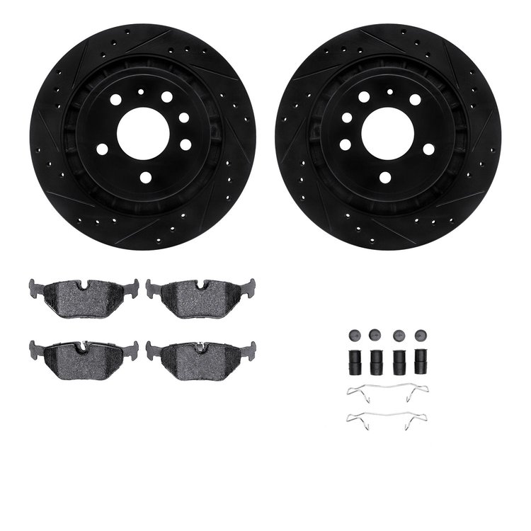 8512-65011 Drilled/Slotted Brake Rotors w/5000 Advanced Brake Pads Kit & Hardware [Black], 2002-2010 GM, Position: Rear