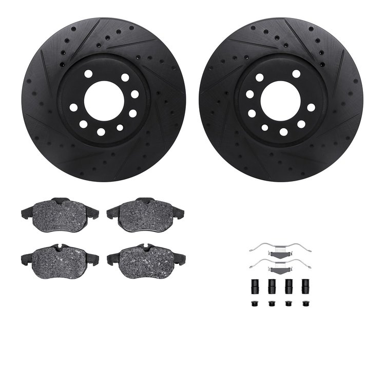 8512-65014 Drilled/Slotted Brake Rotors w/5000 Advanced Brake Pads Kit & Hardware [Black], 2003-2005 GM, Position: Front