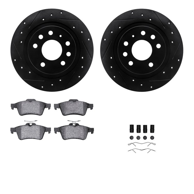 8512-65016 Drilled/Slotted Brake Rotors w/5000 Advanced Brake Pads Kit & Hardware [Black], 2003-2011 GM, Position: Rear