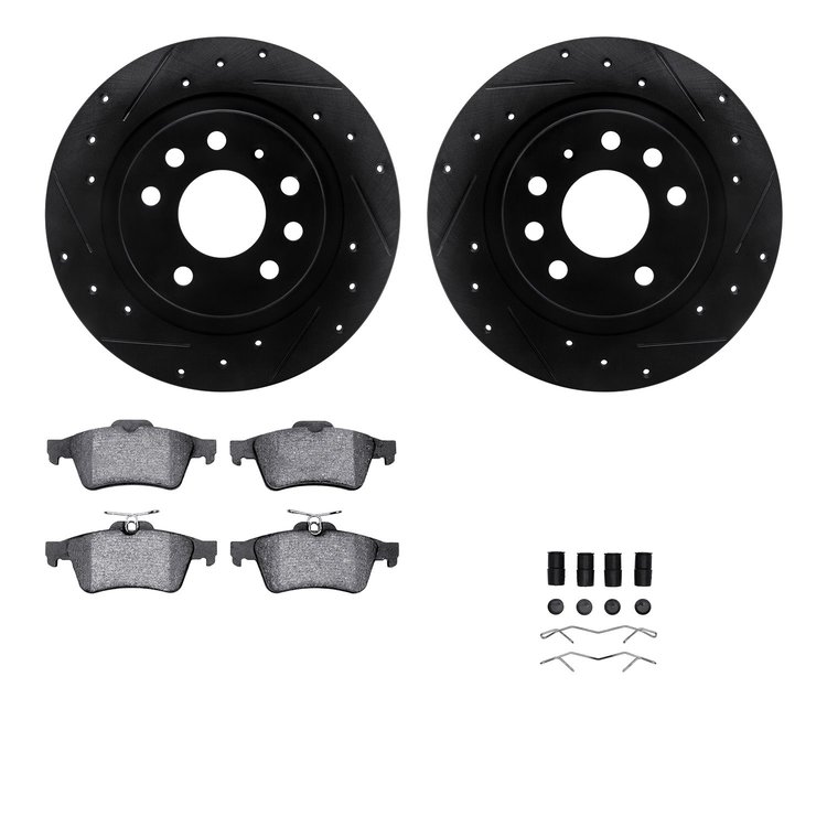 8512-65017 Drilled/Slotted Brake Rotors w/5000 Advanced Brake Pads Kit & Hardware [Black], 2003-2003 GM, Position: Rear
