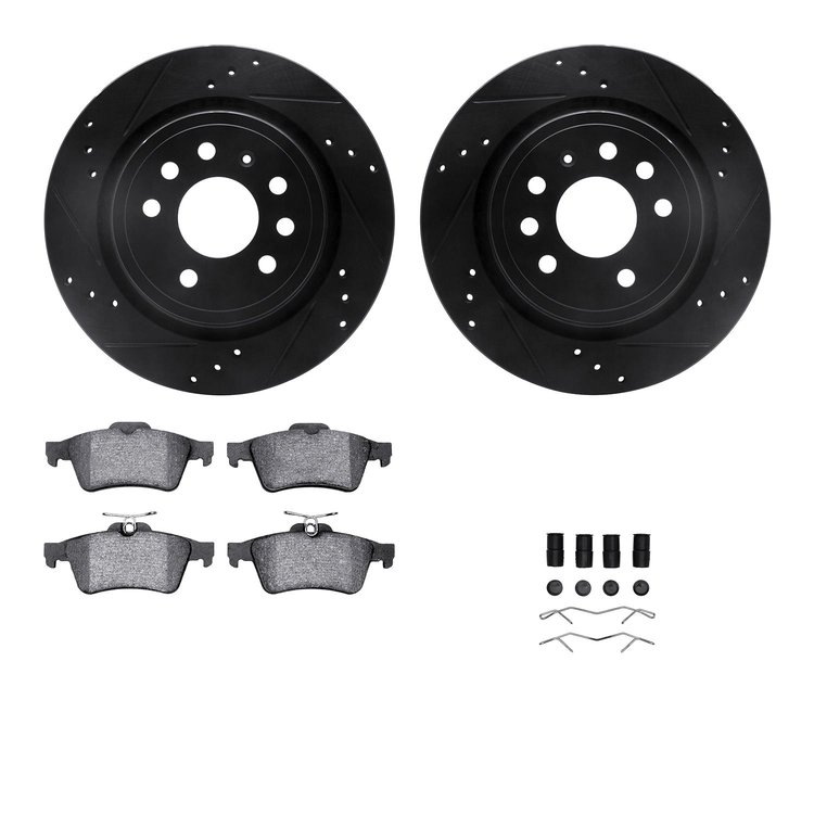 8512-65019 Drilled/Slotted Brake Rotors w/5000 Advanced Brake Pads Kit & Hardware [Black], 2003-2011 GM, Position: Rear