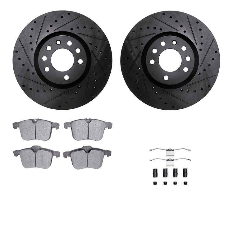 8512-65020 Drilled/Slotted Brake Rotors w/5000 Advanced Brake Pads Kit & Hardware [Black], 2003-2011 GM, Position: Front