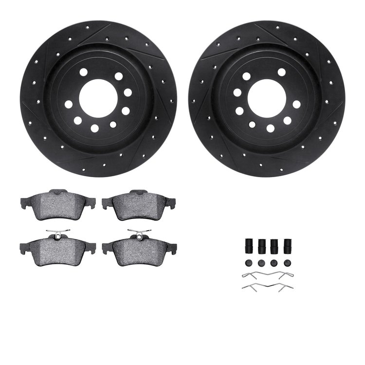 8512-65021 Drilled/Slotted Brake Rotors w/5000 Advanced Brake Pads Kit & Hardware [Black], 2008-2011 GM, Position: Rear