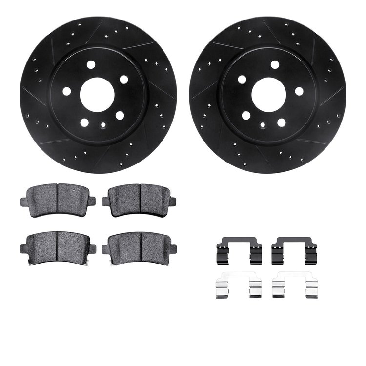 8512-65024 Drilled/Slotted Brake Rotors w/5000 Advanced Brake Pads Kit & Hardware [Black], 2011-2013 GM, Position: Rear