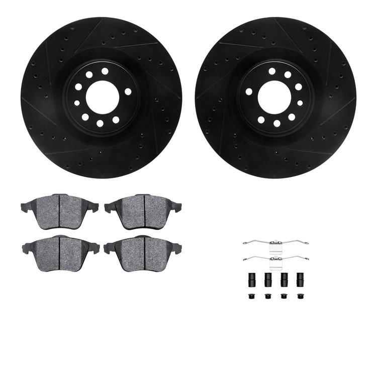 8512-65114 Drilled/Slotted Brake Rotors w/5000 Advanced Brake Pads Kit & Hardware [Black], 2008-2011 GM, Position: Front