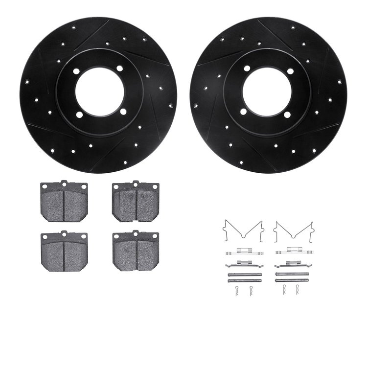 8512-67004 Drilled/Slotted Brake Rotors w/5000 Advanced Brake Pads Kit & Hardware [Black], 1974-1978 Infiniti/Nissan, Position: 