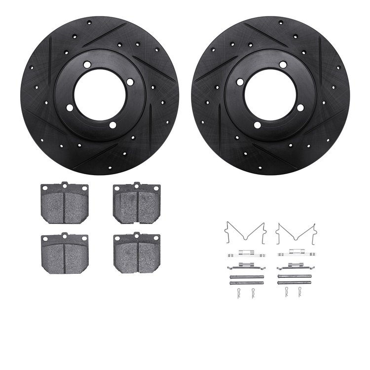 8512-67007 Drilled/Slotted Brake Rotors w/5000 Advanced Brake Pads Kit & Hardware [Black], 1970-1973 Infiniti/Nissan, Position: 