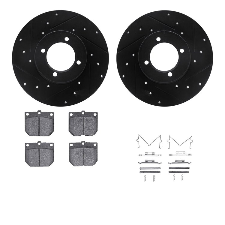 8512-67008 Drilled/Slotted Brake Rotors w/5000 Advanced Brake Pads Kit & Hardware [Black], 1980-1983 Infiniti/Nissan, Position: 