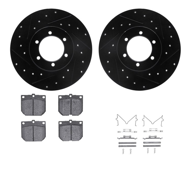 8512-67009 Drilled/Slotted Brake Rotors w/5000 Advanced Brake Pads Kit & Hardware [Black], 1978-1982 Infiniti/Nissan, Position: 