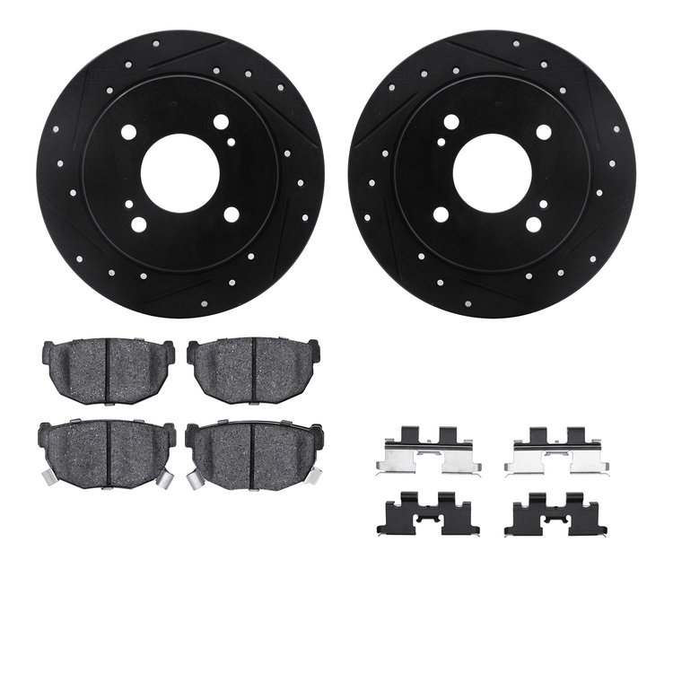 8512-67011 Drilled/Slotted Brake Rotors w/5000 Advanced Brake Pads Kit & Hardware [Black], 1982-1988 Infiniti/Nissan, Position: 