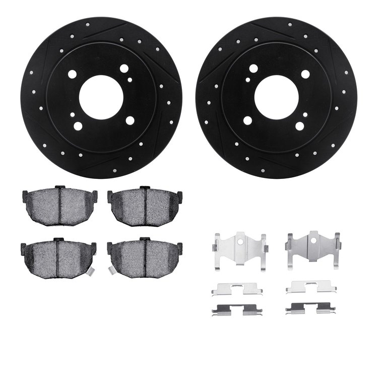 8512-67012 Drilled/Slotted Brake Rotors w/5000 Advanced Brake Pads Kit & Hardware [Black], 1984-1984 Infiniti/Nissan, Position: 