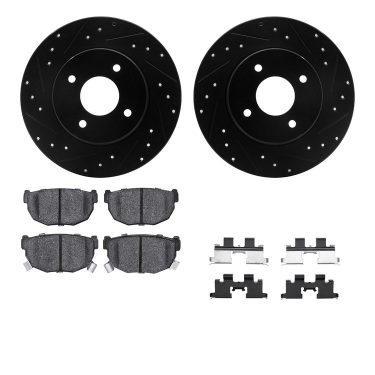 8512-67015 Drilled/Slotted Brake Rotors w/5000 Advanced Brake Pads Kit & Hardware [Black], 1984-1985 Infiniti/Nissan, Position: 