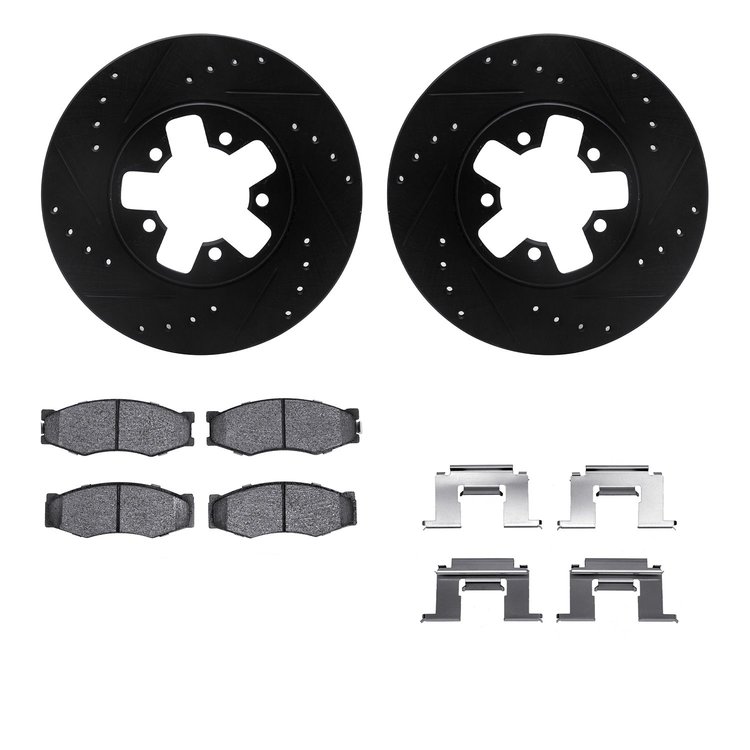 8512-67016 Drilled/Slotted Brake Rotors w/5000 Advanced Brake Pads Kit & Hardware [Black], 1987-1988 Infiniti/Nissan, Position: 