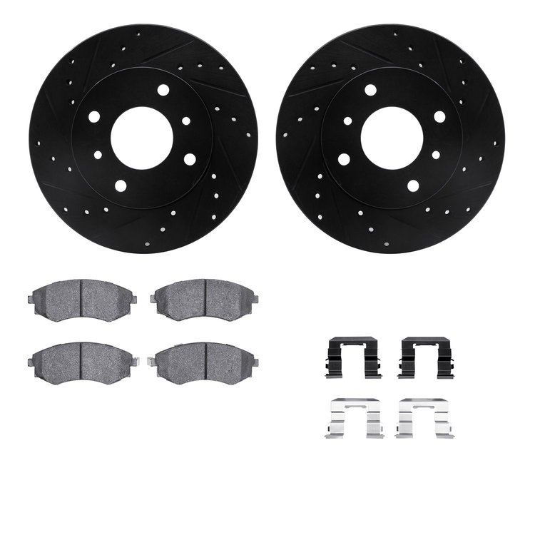 8512-67029 Drilled/Slotted Brake Rotors w/5000 Advanced Brake Pads Kit & Hardware [Black], 1997-2006 Infiniti/Nissan, Position: 