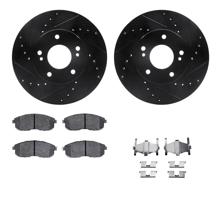 8512-67031 Drilled/Slotted Brake Rotors w/5000 Advanced Brake Pads Kit & Hardware [Black], 1989-1999 Infiniti/Nissan, Position: 