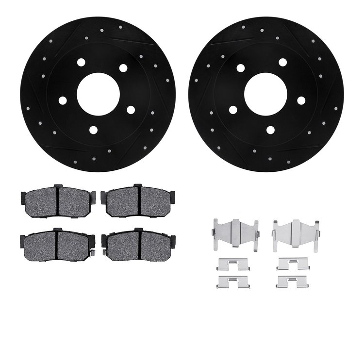 8512-67033 Drilled/Slotted Brake Rotors w/5000 Advanced Brake Pads Kit & Hardware [Black], 1991-1993 Infiniti/Nissan, Position: 
