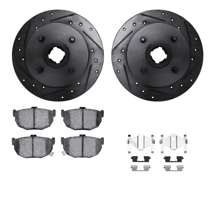 8512-67034 Drilled/Slotted Brake Rotors w/5000 Advanced Brake Pads Kit & Hardware [Black], 1988-1988 Infiniti/Nissan, Position: 