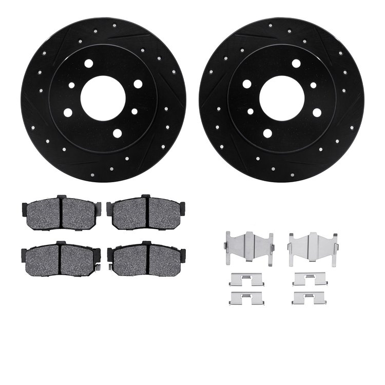 8512-67038 Drilled/Slotted Brake Rotors w/5000 Advanced Brake Pads Kit & Hardware [Black], 1991-2001 Infiniti/Nissan, Position: 