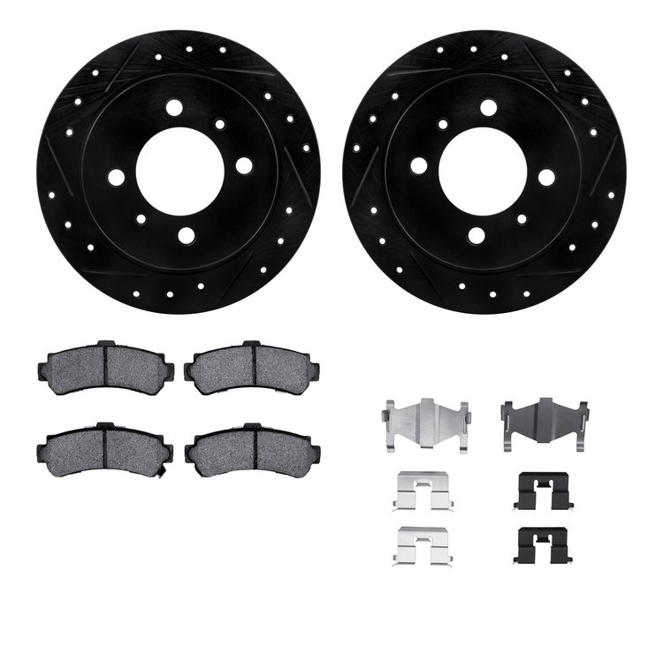 8512-67042 Drilled/Slotted Brake Rotors w/5000 Advanced Brake Pads Kit & Hardware [Black], 1995-2000 Infiniti/Nissan, Position: 
