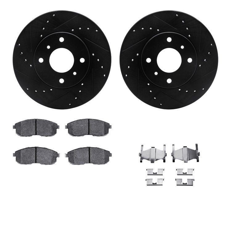8512-67043 Drilled/Slotted Brake Rotors w/5000 Advanced Brake Pads Kit & Hardware [Black], 1993-2006 Infiniti/Nissan, Position: 