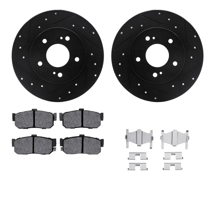 8512-67045 Drilled/Slotted Brake Rotors w/5000 Advanced Brake Pads Kit & Hardware [Black], 1994-2000 Infiniti/Nissan, Position: 