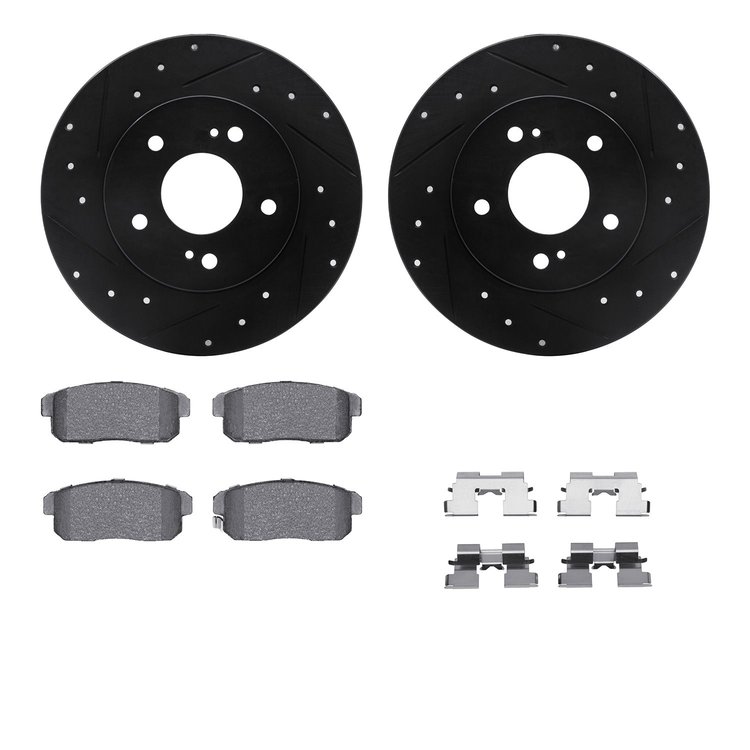 8512-67046 Drilled/Slotted Brake Rotors w/5000 Advanced Brake Pads Kit & Hardware [Black], 2000-2004 Infiniti/Nissan, Position: 