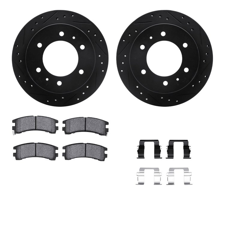 8512-67055 Drilled/Slotted Brake Rotors w/5000 Advanced Brake Pads Kit & Hardware [Black], 1988-1995 Infiniti/Nissan, Position: 