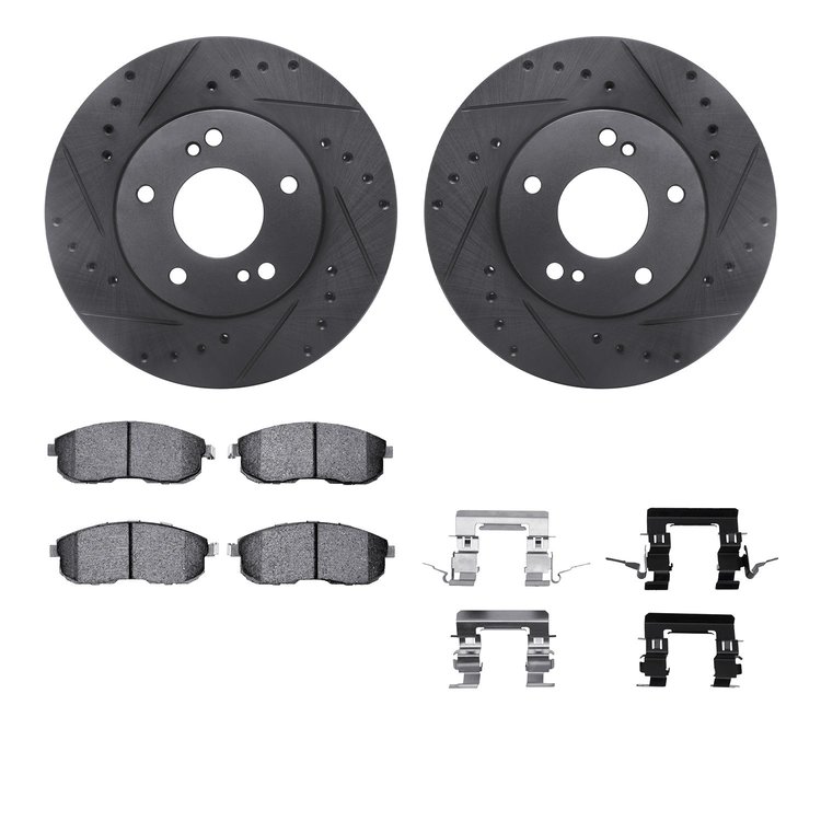 8512-67056 Drilled/Slotted Brake Rotors w/5000 Advanced Brake Pads Kit & Hardware [Black], 1999-2001 Infiniti/Nissan, Position: 