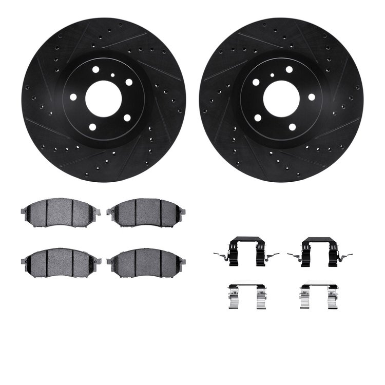 8512-67059 Drilled/Slotted Brake Rotors w/5000 Advanced Brake Pads Kit & Hardware [Black], 2005-2013 Infiniti/Nissan, Position: 