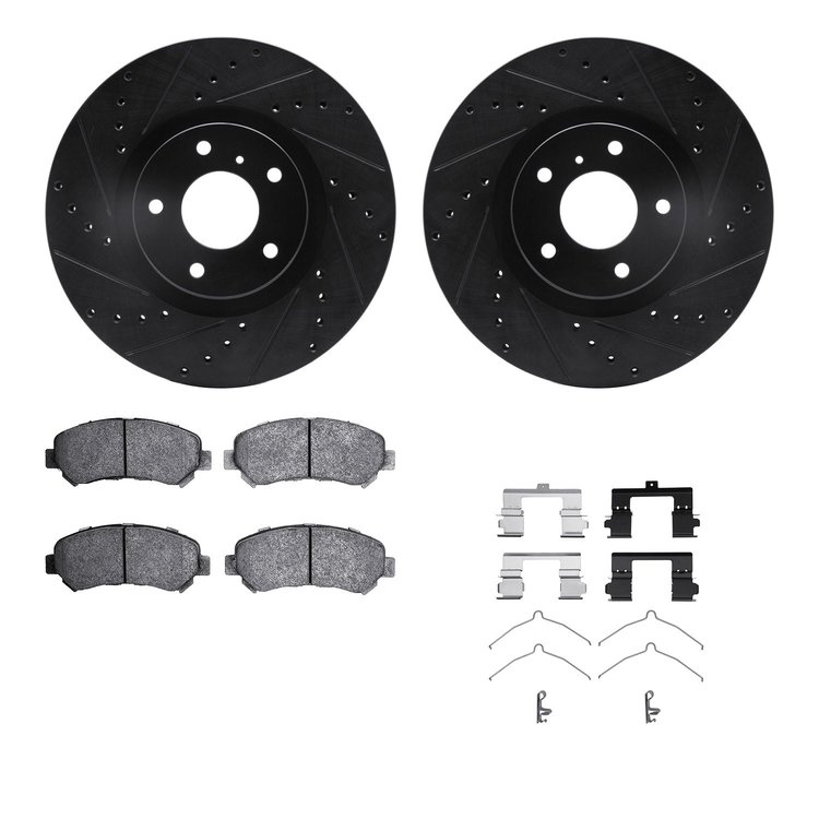 8512-67060 Drilled/Slotted Brake Rotors w/5000 Advanced Brake Pads Kit & Hardware [Black], 2009-2021 Infiniti/Nissan, Position: 