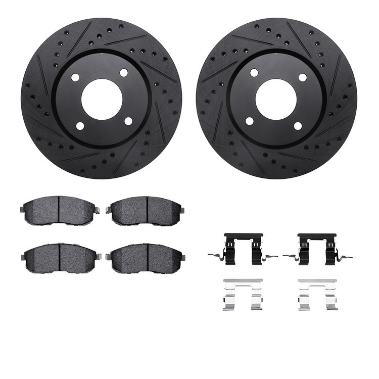 8512-67064 Drilled/Slotted Brake Rotors w/5000 Advanced Brake Pads Kit & Hardware [Black], 2007-2012 Infiniti/Nissan, Position: 