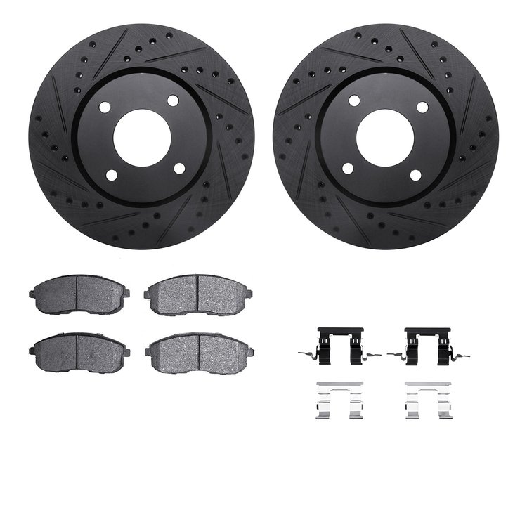 8512-67065 Drilled/Slotted Brake Rotors w/5000 Advanced Brake Pads Kit & Hardware [Black], 2007-2014 Infiniti/Nissan, Position: 