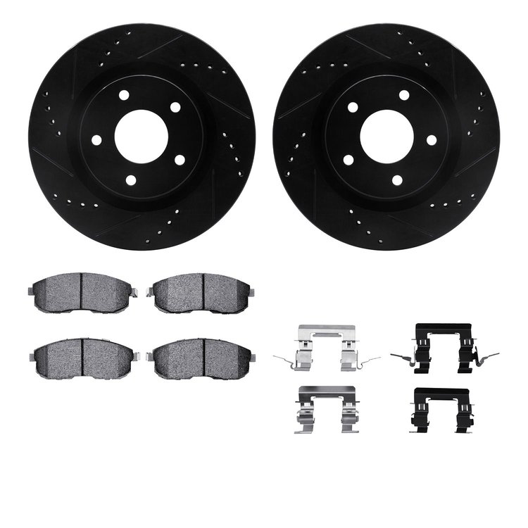 8512-67067 Drilled/Slotted Brake Rotors w/5000 Advanced Brake Pads Kit & Hardware [Black], 2007-2013 Infiniti/Nissan, Position: 