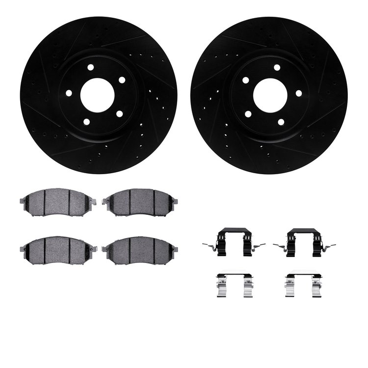 8512-67070 Drilled/Slotted Brake Rotors w/5000 Advanced Brake Pads Kit & Hardware [Black], 2009-2016 Renault, Position: Front