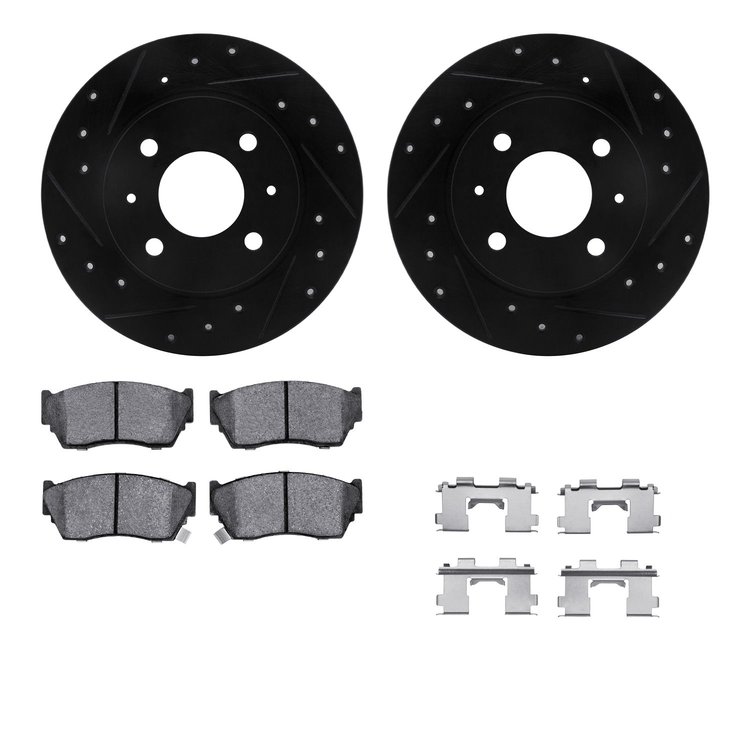8512-67085 Drilled/Slotted Brake Rotors w/5000 Advanced Brake Pads Kit & Hardware [Black], 1995-2006 Infiniti/Nissan, Position: 