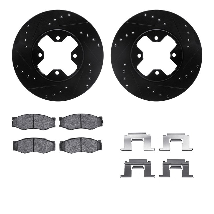 8512-67088 Drilled/Slotted Brake Rotors w/5000 Advanced Brake Pads Kit & Hardware [Black], 1984-1985 Infiniti/Nissan, Position: 