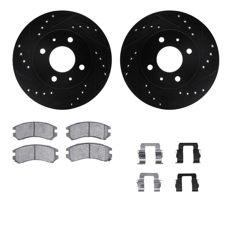 8512-67093 Drilled/Slotted Brake Rotors w/5000 Advanced Brake Pads Kit & Hardware [Black], 1986-1990 Infiniti/Nissan, Position: 