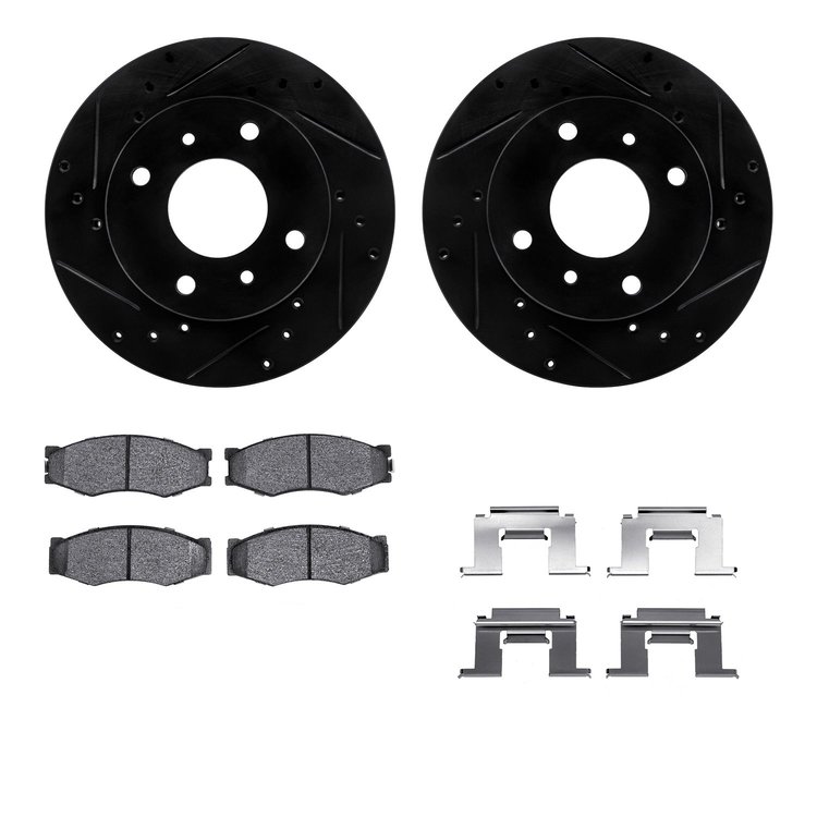 8512-67097 Drilled/Slotted Brake Rotors w/5000 Advanced Brake Pads Kit & Hardware [Black], 1985-1989 Infiniti/Nissan, Position: 