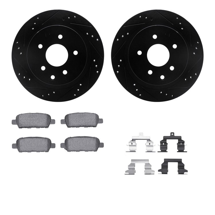 8512-67099 Drilled/Slotted Brake Rotors w/5000 Advanced Brake Pads Kit & Hardware [Black], 2008-2013 Infiniti/Nissan, Position: 
